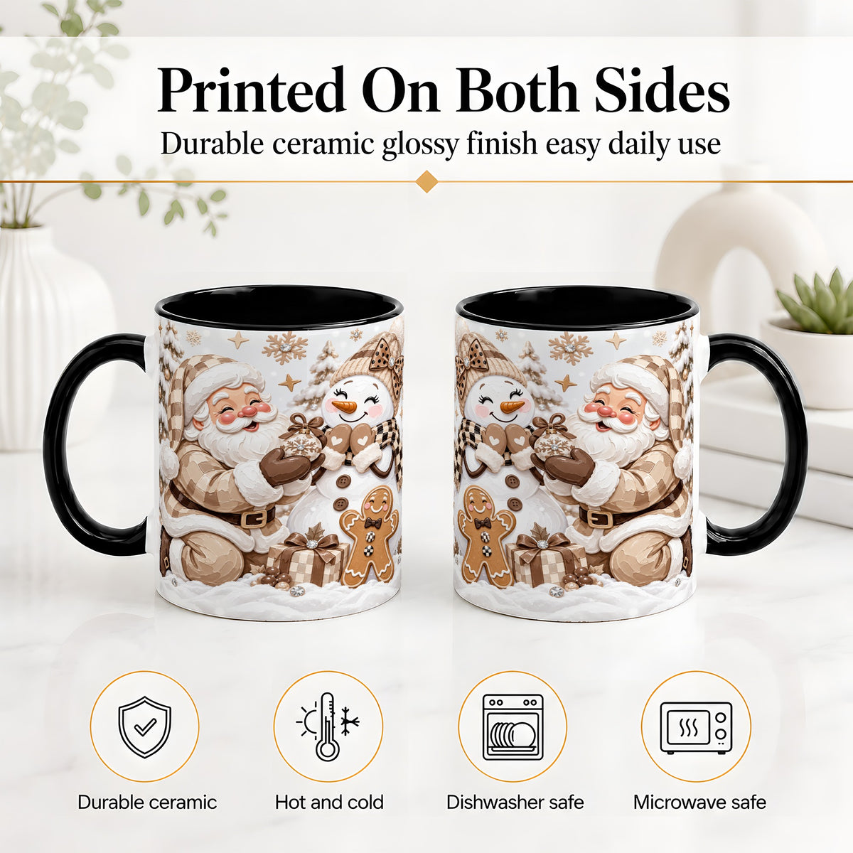 #pl[11oz|Black] Neutral Christmas Santa Ceramic Mug with Snowman Holiday Artwork