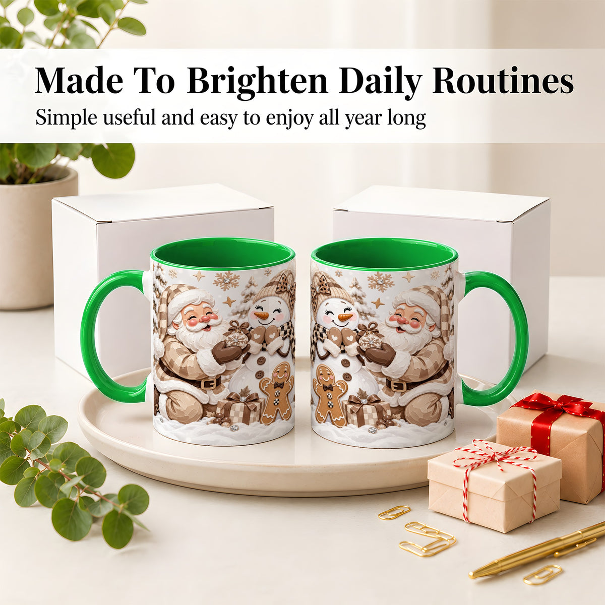 #pl[11oz|Green] Neutral Christmas Santa Ceramic Mug with Snowman Holiday Artwork