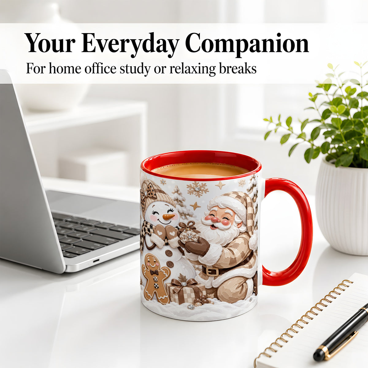 #pl[11oz|Red] Neutral Christmas Santa Ceramic Mug with Snowman Holiday Artwork