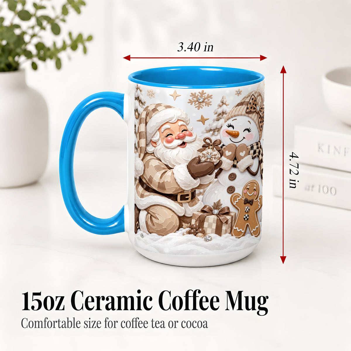#pl[15oz|Blue] Neutral Christmas Santa Ceramic Mug with Snowman Holiday Artwork