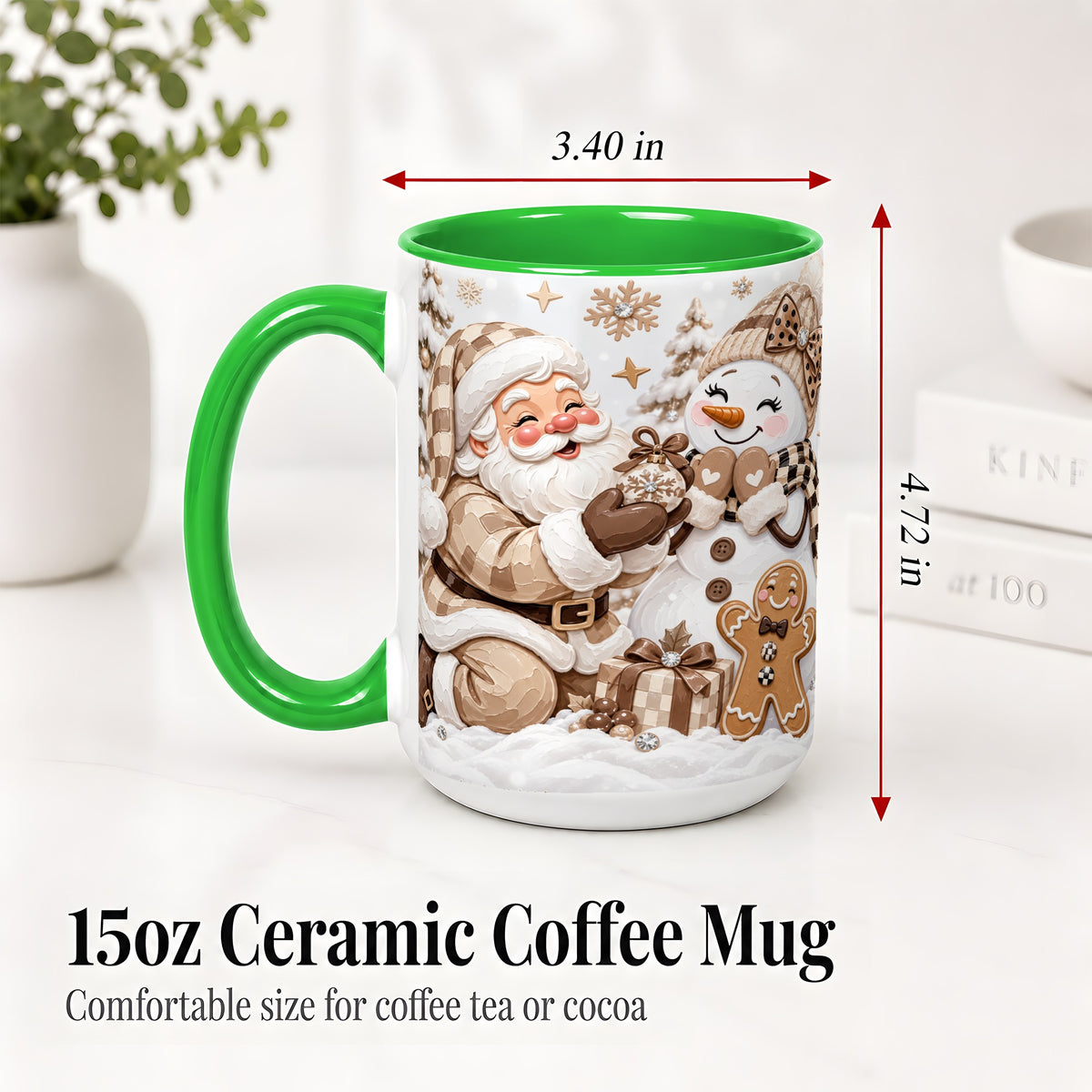 #pl[15oz|Green] Neutral Christmas Santa Ceramic Mug with Snowman Holiday Artwork