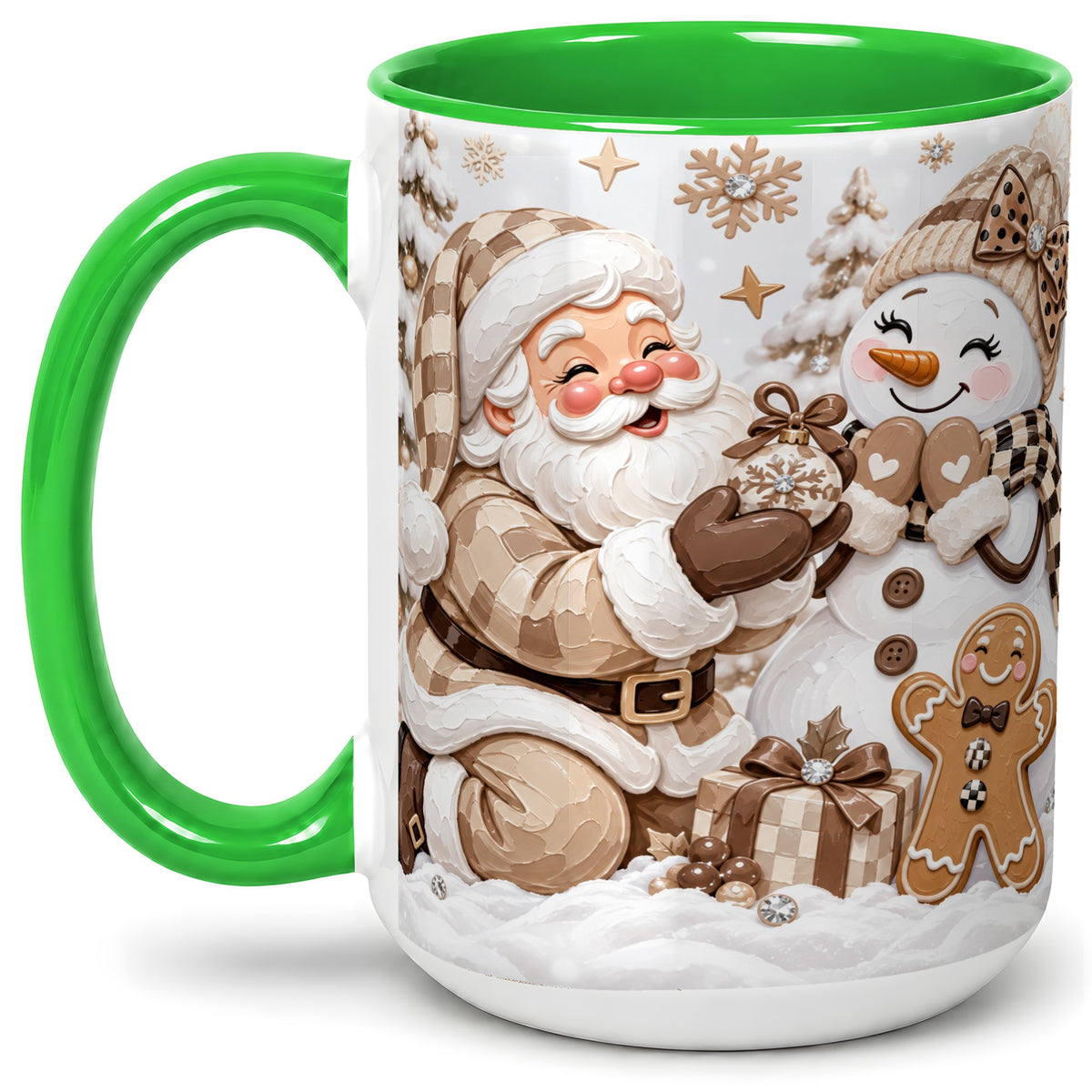 #pl[15oz|Green] Neutral Christmas Santa Ceramic Mug with Snowman Holiday Artwork