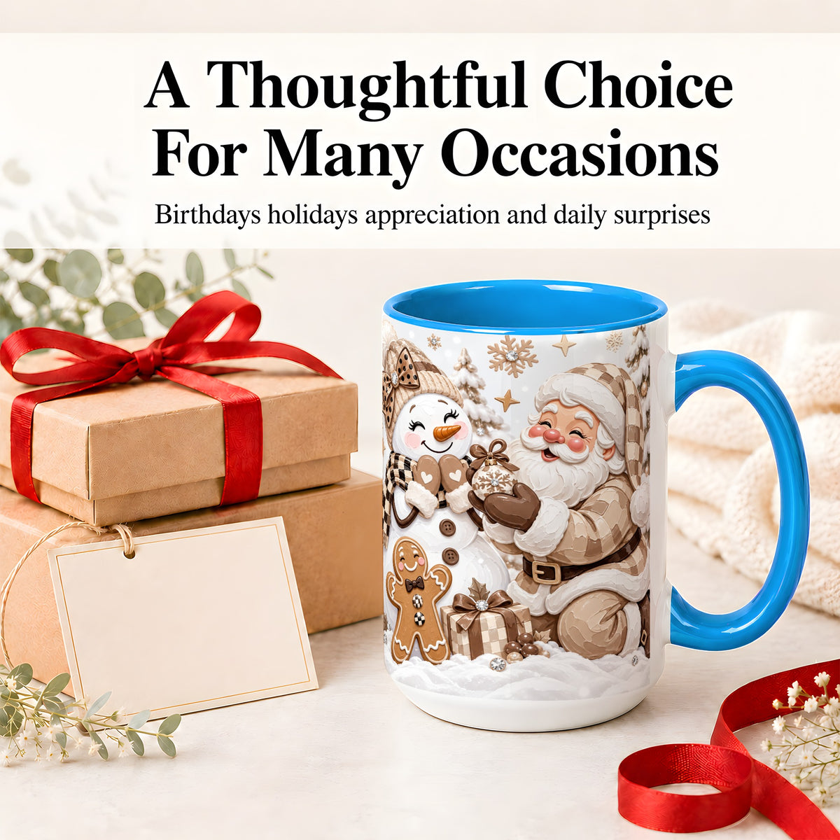 #pl[15oz|Blue] Neutral Christmas Santa Ceramic Mug with Snowman Holiday Artwork