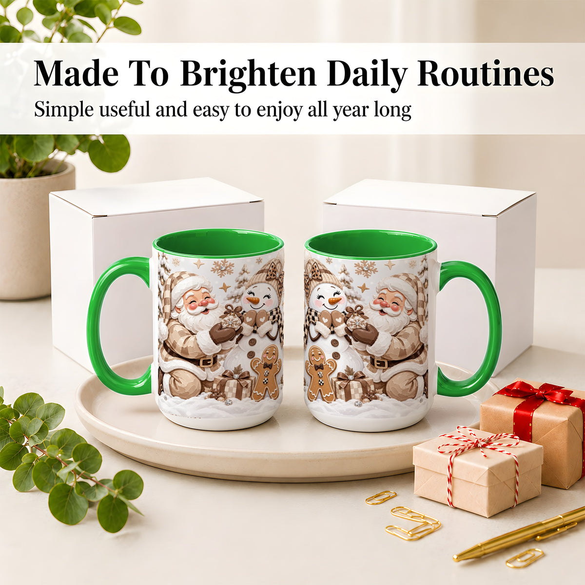 #pl[15oz|Green] Neutral Christmas Santa Ceramic Mug with Snowman Holiday Artwork