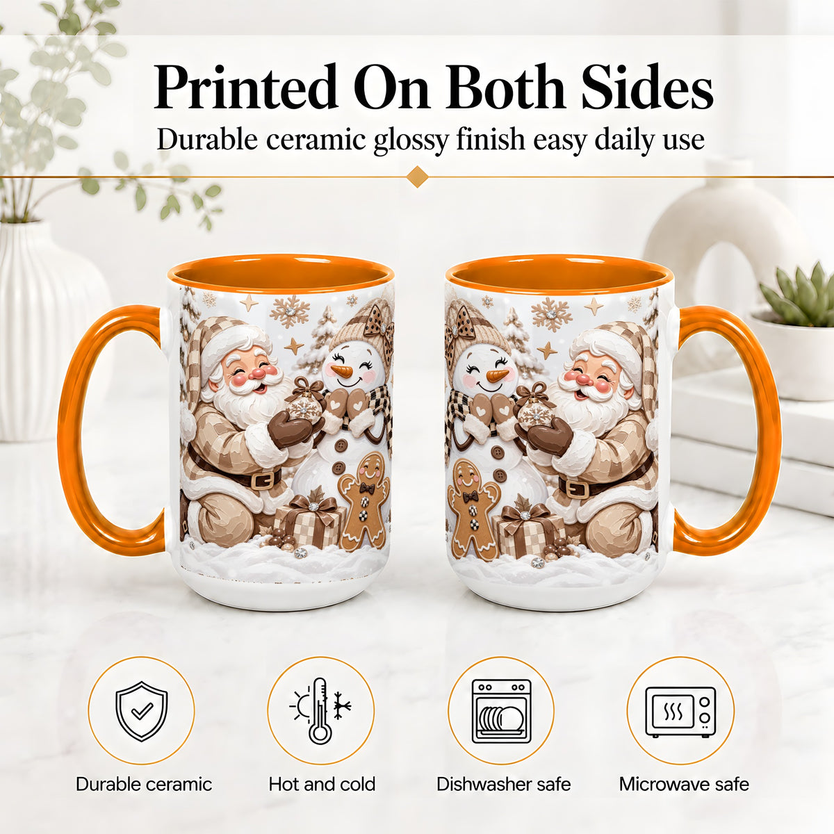 #pl[15oz|Orange] Neutral Christmas Santa Ceramic Mug with Snowman Holiday Artwork