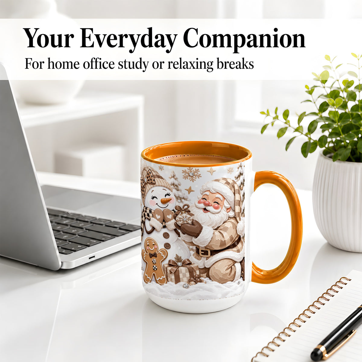#pl[15oz|Orange] Neutral Christmas Santa Ceramic Mug with Snowman Holiday Artwork