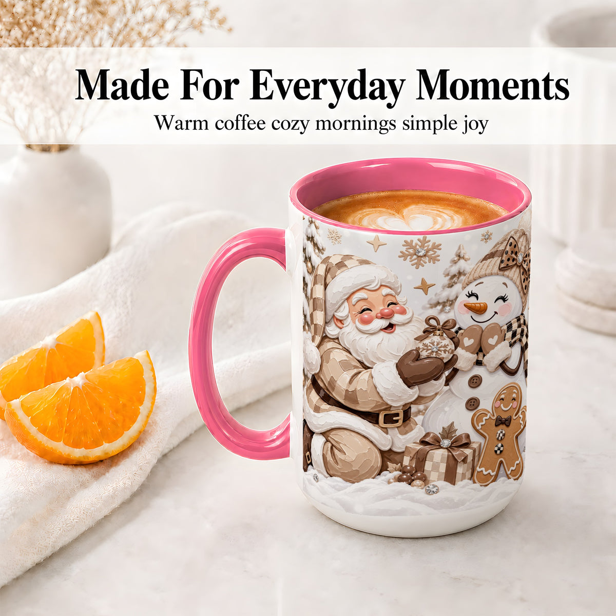 #pl[15oz|Pink] Neutral Christmas Santa Ceramic Mug with Snowman Holiday Artwork