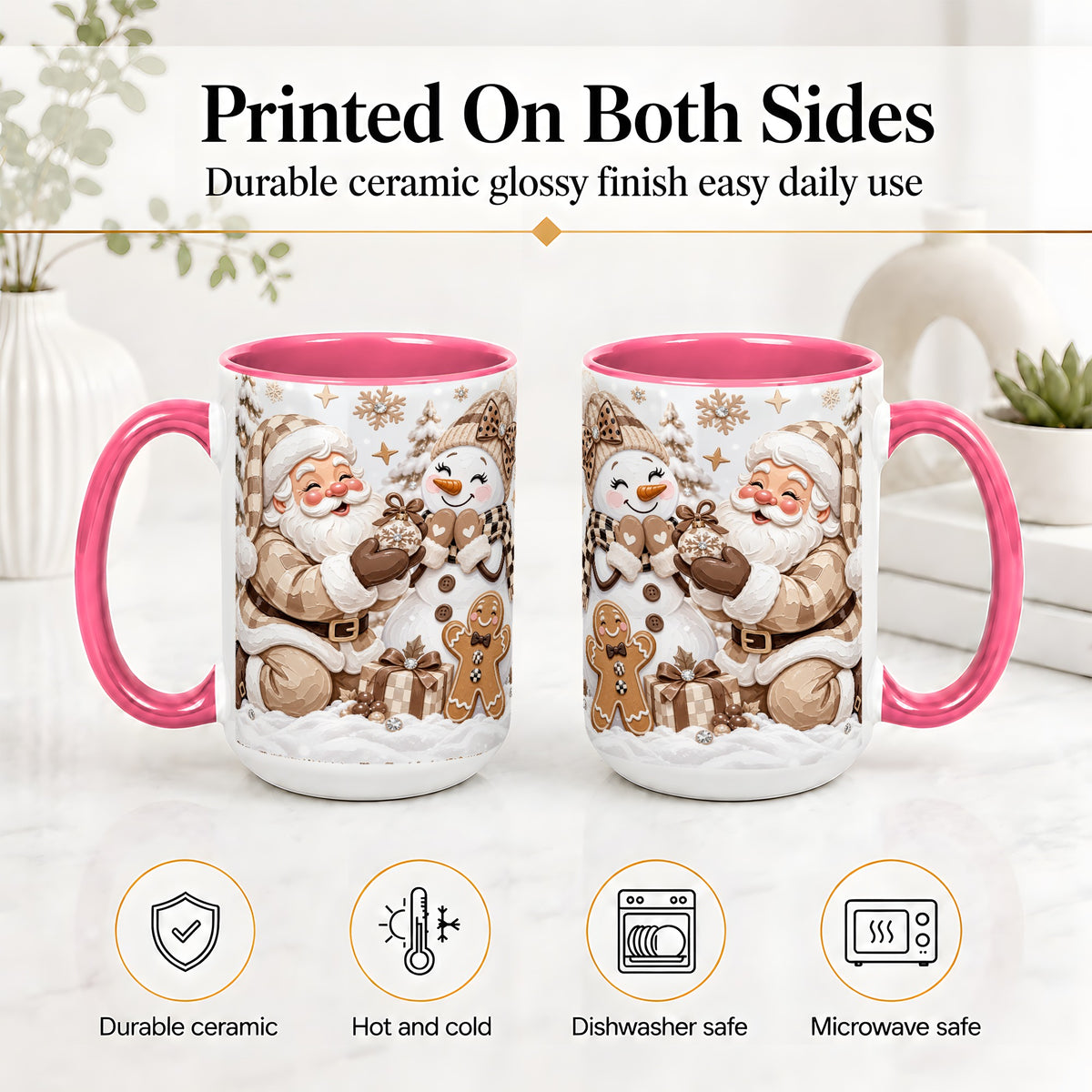 #pl[15oz|Pink] Neutral Christmas Santa Ceramic Mug with Snowman Holiday Artwork