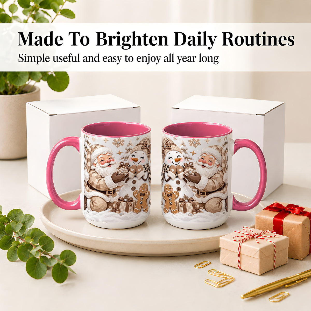 #pl[15oz|Pink] Neutral Christmas Santa Ceramic Mug with Snowman Holiday Artwork