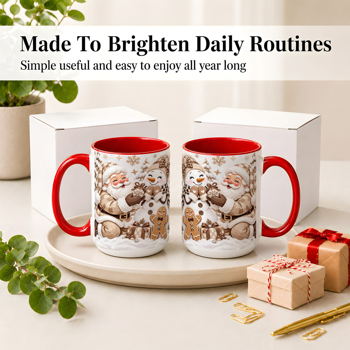 #pl[15oz|Red] Neutral Christmas Santa Ceramic Mug with Snowman Holiday Artwork