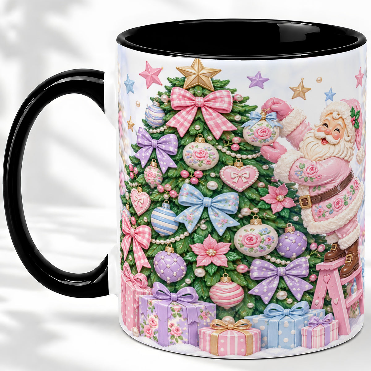 #pl[11oz|Black] Pink Christmas Santa Ceramic Mug with Pastel Tree Holiday Artwork