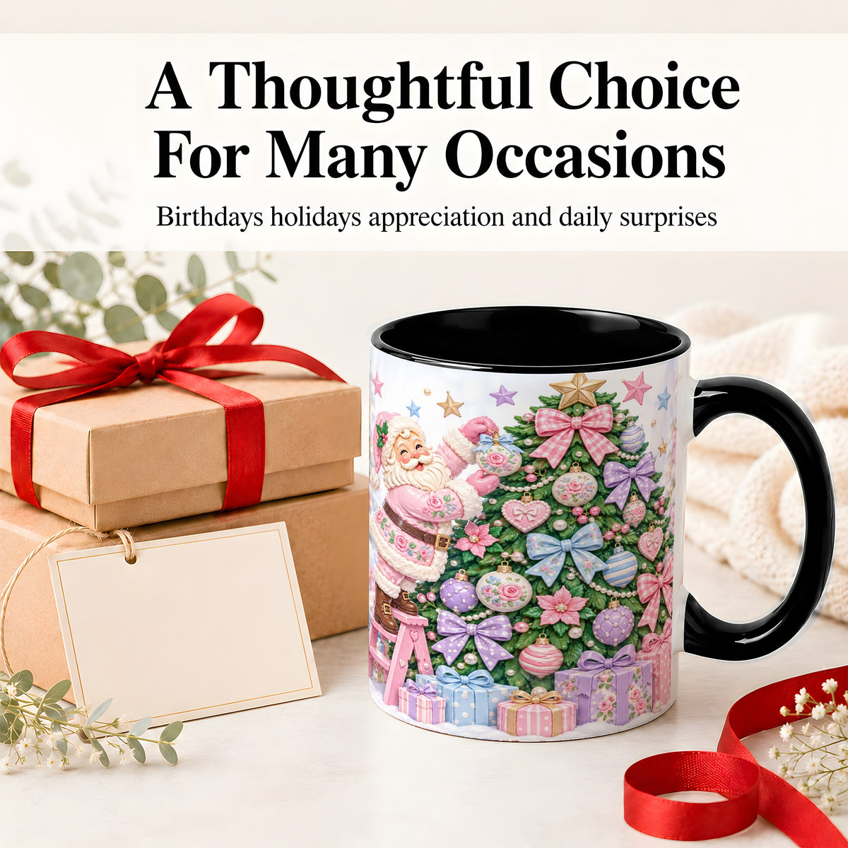 #pl[11oz|Black] Pink Christmas Santa Ceramic Mug with Pastel Tree Holiday Artwork