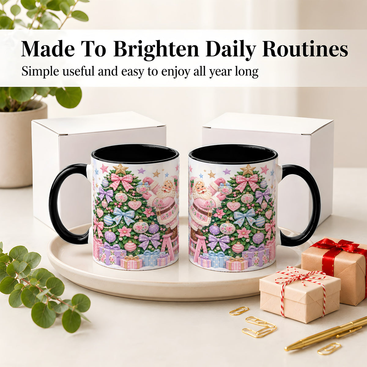 #pl[11oz|Black] Pink Christmas Santa Ceramic Mug with Pastel Tree Holiday Artwork