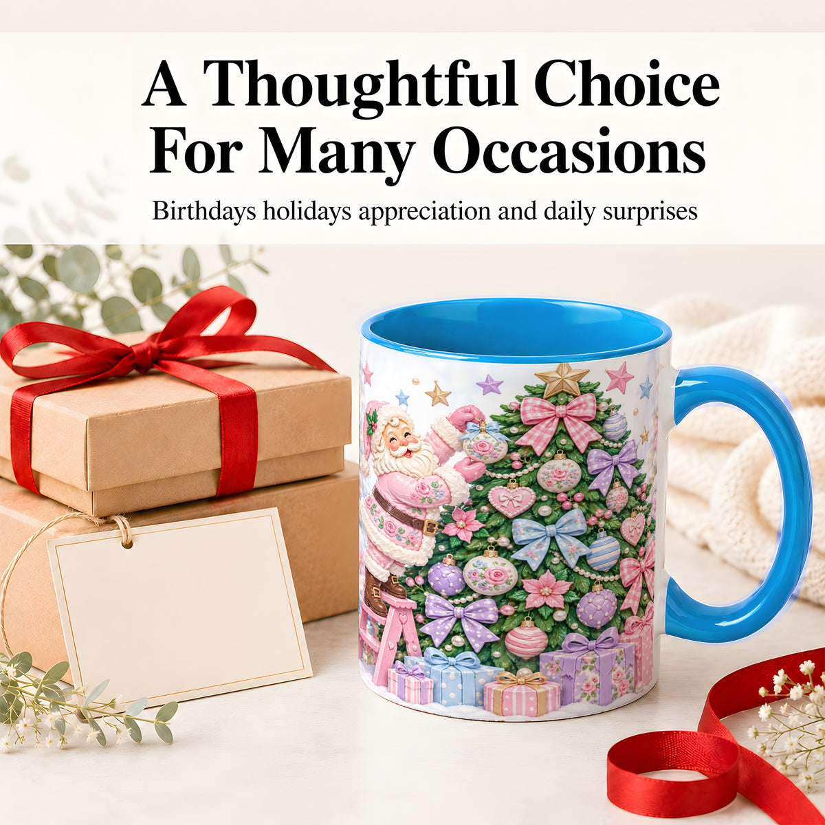 #pl[11oz|Blue] Pink Christmas Santa Ceramic Mug with Pastel Tree Holiday Artwork