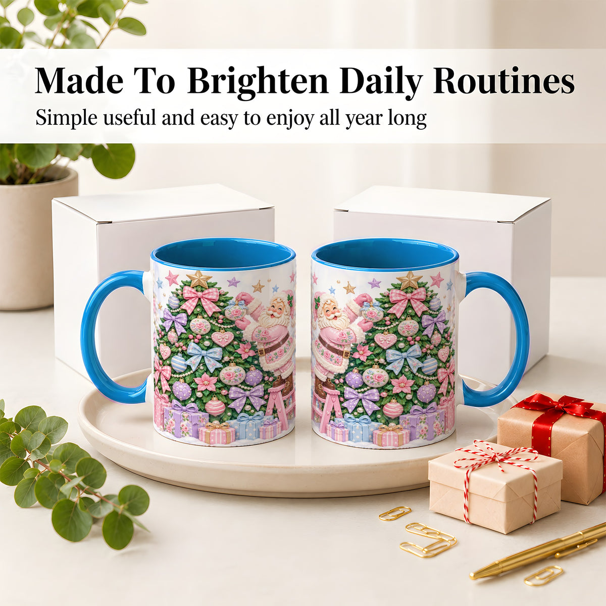 #pl[11oz|Blue] Pink Christmas Santa Ceramic Mug with Pastel Tree Holiday Artwork