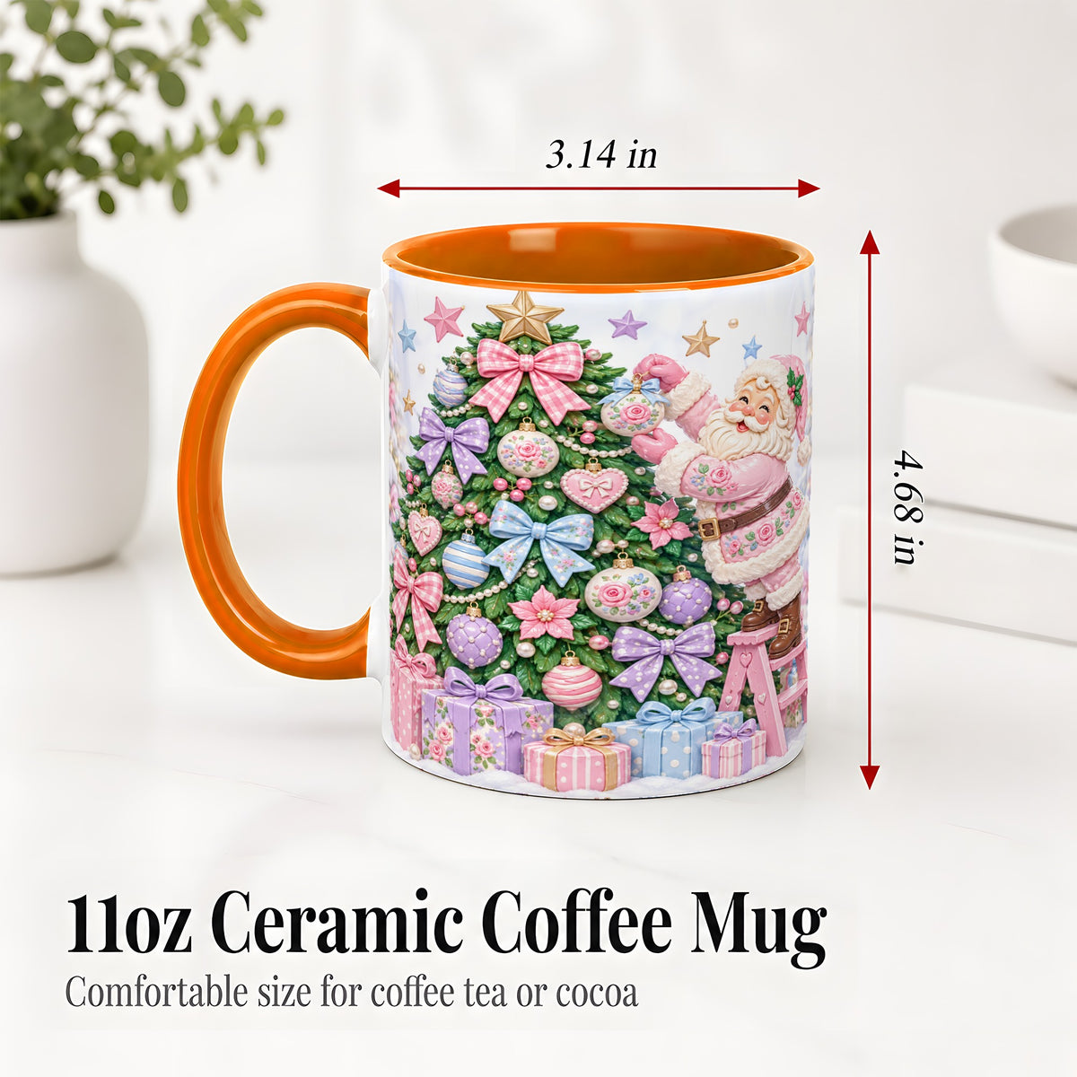#pl[11oz|Orange] Pink Christmas Santa Ceramic Mug with Pastel Tree Holiday Artwork