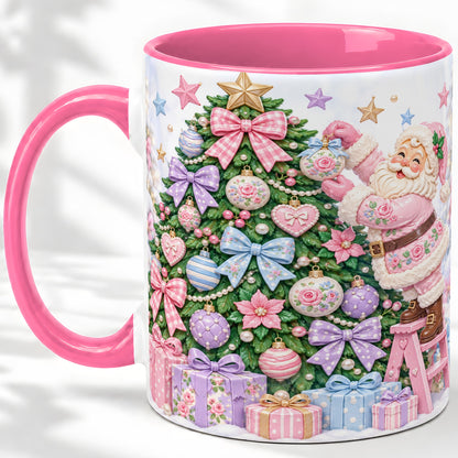 #pl[11oz|Pink] Pink Christmas Santa Ceramic Mug with Pastel Tree Holiday Artwork
