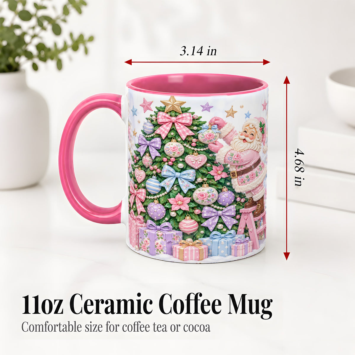 #pl[11oz|Pink] Pink Christmas Santa Ceramic Mug with Pastel Tree Holiday Artwork