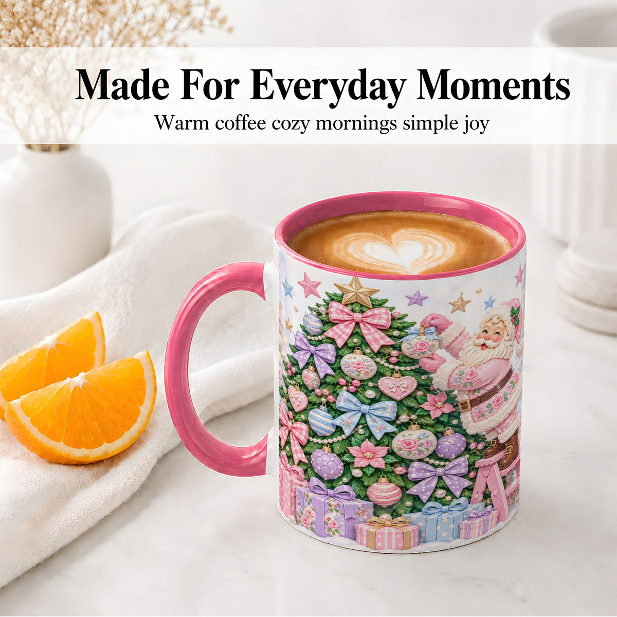 #pl[11oz|Pink] Pink Christmas Santa Ceramic Mug with Pastel Tree Holiday Artwork