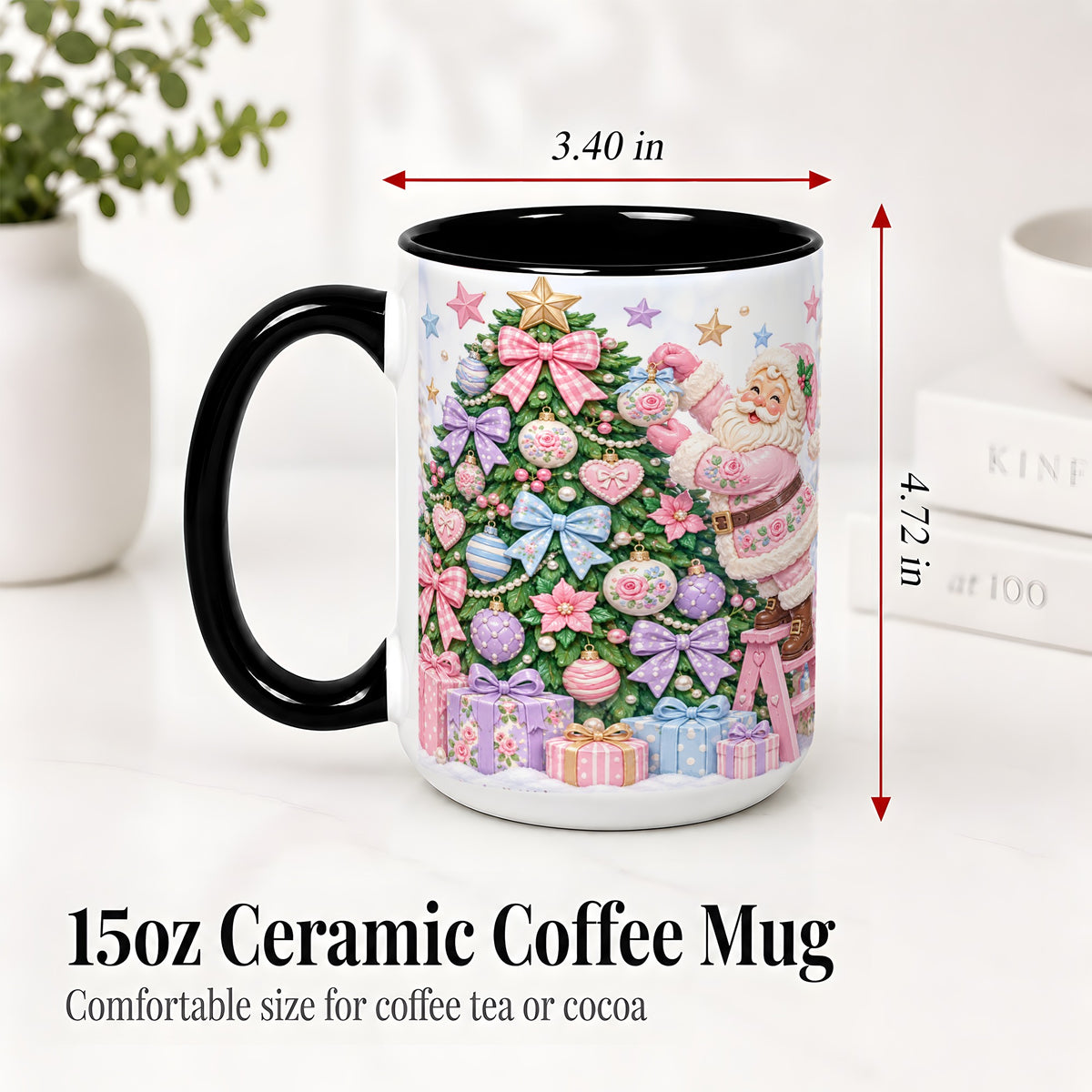 #pl[15oz|Black] Pink Christmas Santa Ceramic Mug with Pastel Tree Holiday Artwork