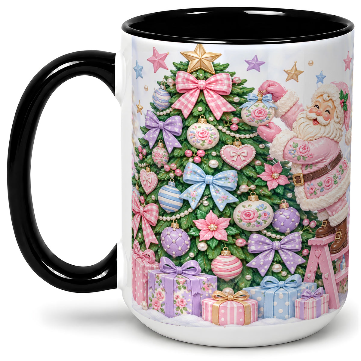 #pl[15oz|Black] Pink Christmas Santa Ceramic Mug with Pastel Tree Holiday Artwork