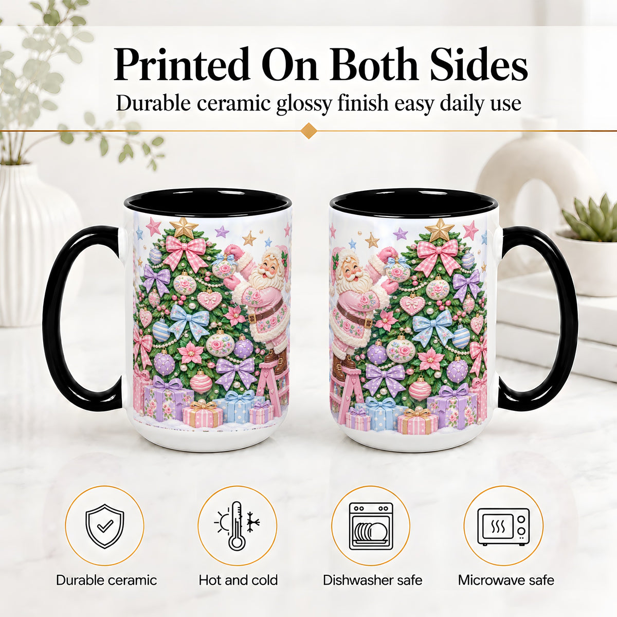 #pl[15oz|Black] Pink Christmas Santa Ceramic Mug with Pastel Tree Holiday Artwork
