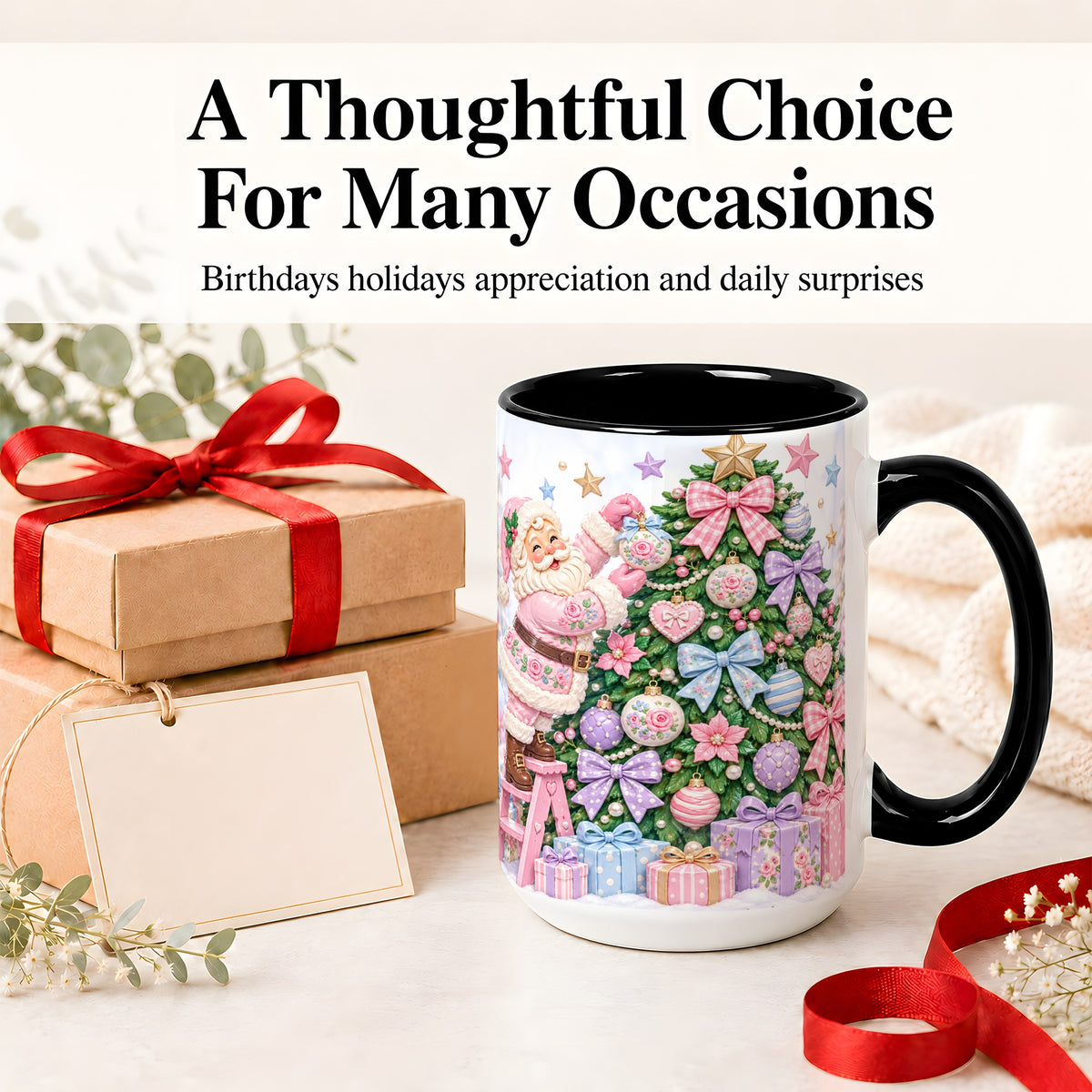 #pl[15oz|Black] Pink Christmas Santa Ceramic Mug with Pastel Tree Holiday Artwork