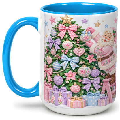 #pl[15oz|Blue] Pink Christmas Santa Ceramic Mug with Pastel Tree Holiday Artwork