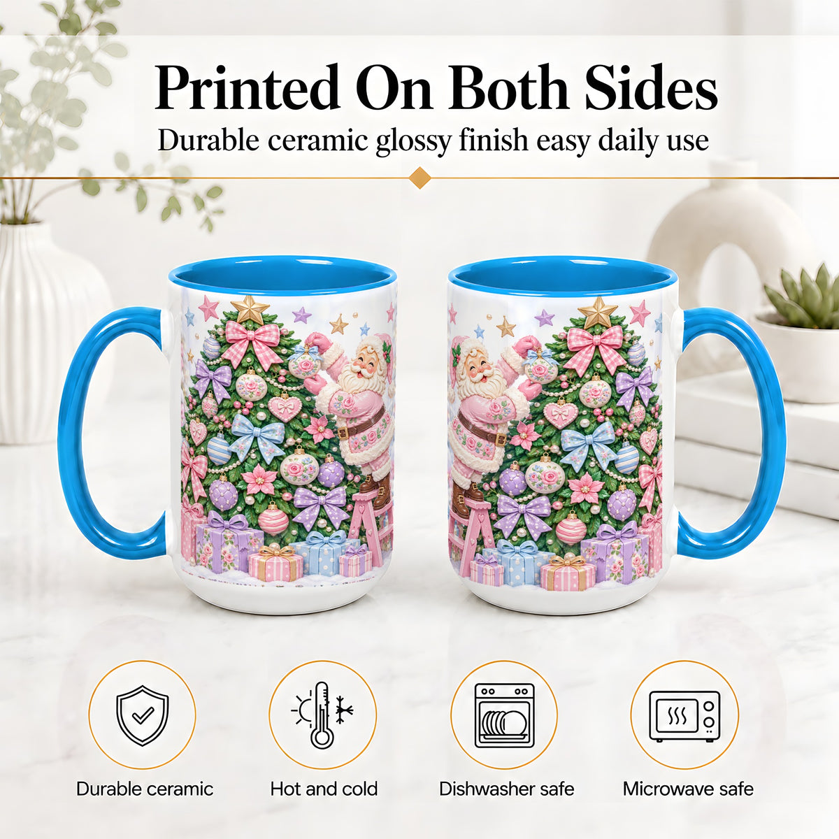 #pl[15oz|Blue] Pink Christmas Santa Ceramic Mug with Pastel Tree Holiday Artwork