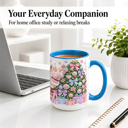 #pl[15oz|Blue] Pink Christmas Santa Ceramic Mug with Pastel Tree Holiday Artwork