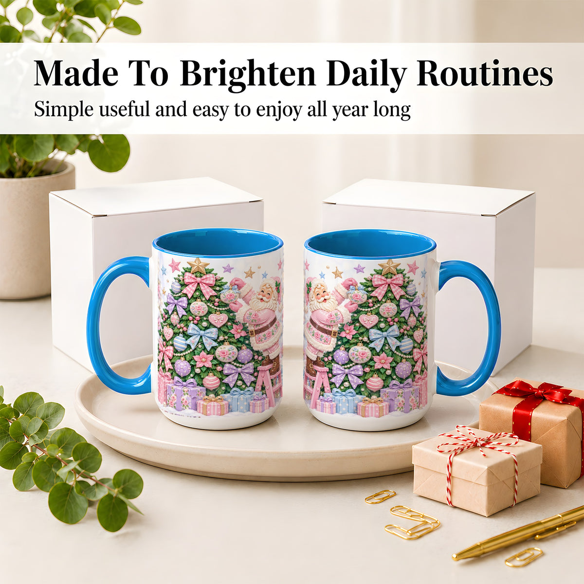 #pl[15oz|Blue] Pink Christmas Santa Ceramic Mug with Pastel Tree Holiday Artwork