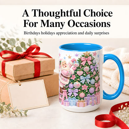 #pl[15oz|Blue] Pink Christmas Santa Ceramic Mug with Pastel Tree Holiday Artwork