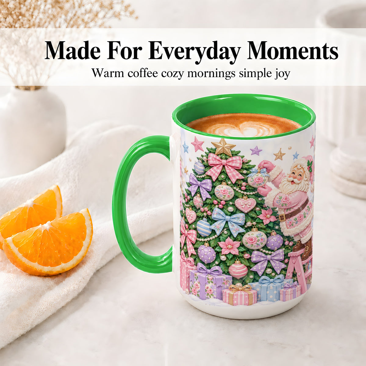 #pl[15oz|Green] Pink Christmas Santa Ceramic Mug with Pastel Tree Holiday Artwork