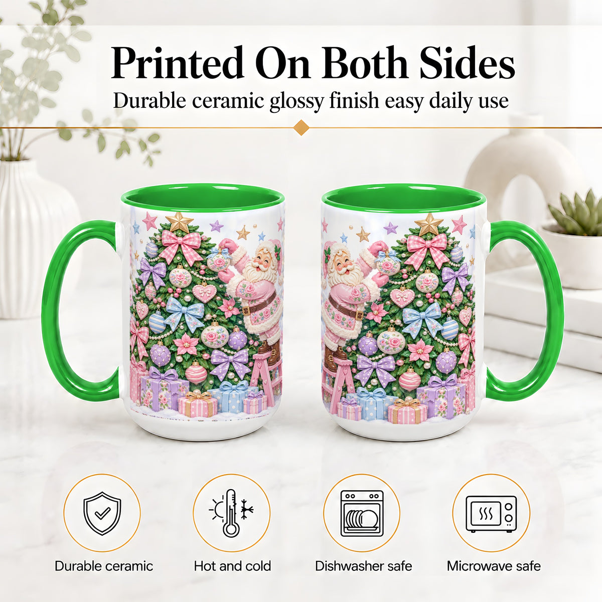 #pl[15oz|Green] Pink Christmas Santa Ceramic Mug with Pastel Tree Holiday Artwork