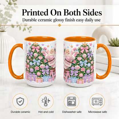 #pl[15oz|Orange] Pink Christmas Santa Ceramic Mug with Pastel Tree Holiday Artwork