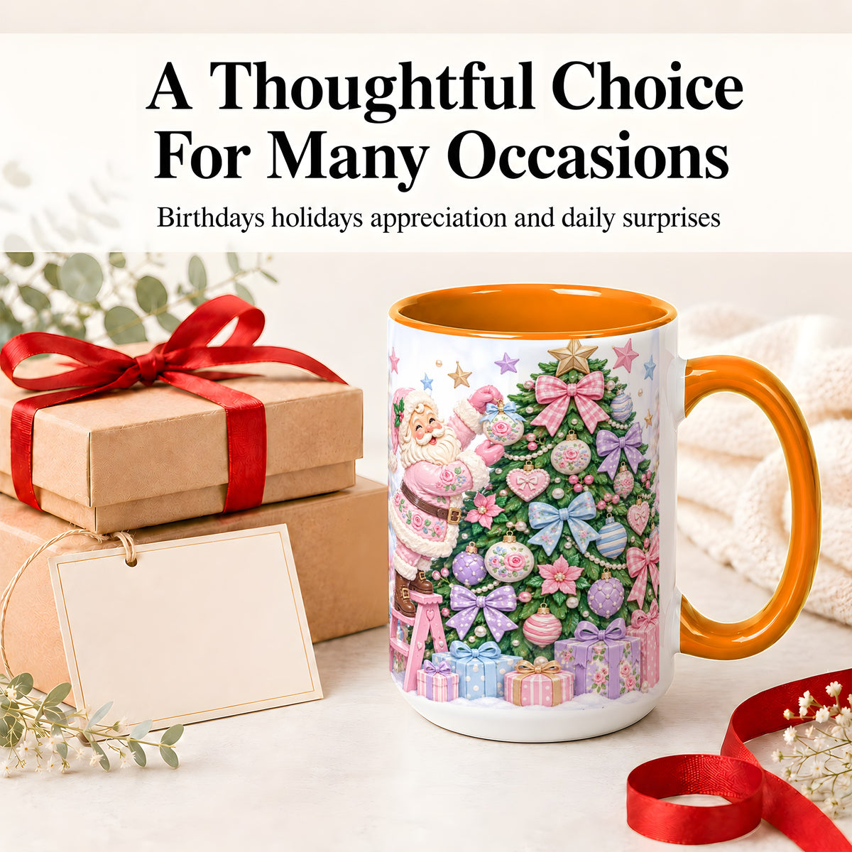 #pl[15oz|Orange] Pink Christmas Santa Ceramic Mug with Pastel Tree Holiday Artwork
