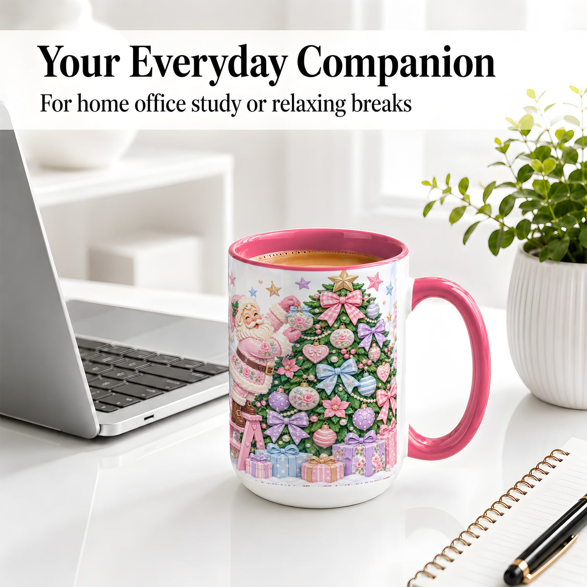 #pl[15oz|Pink] Pink Christmas Santa Ceramic Mug with Pastel Tree Holiday Artwork