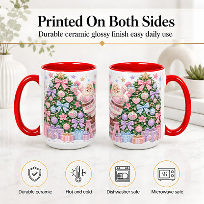 #pl[15oz|Red] Pink Christmas Santa Ceramic Mug with Pastel Tree Holiday Artwork