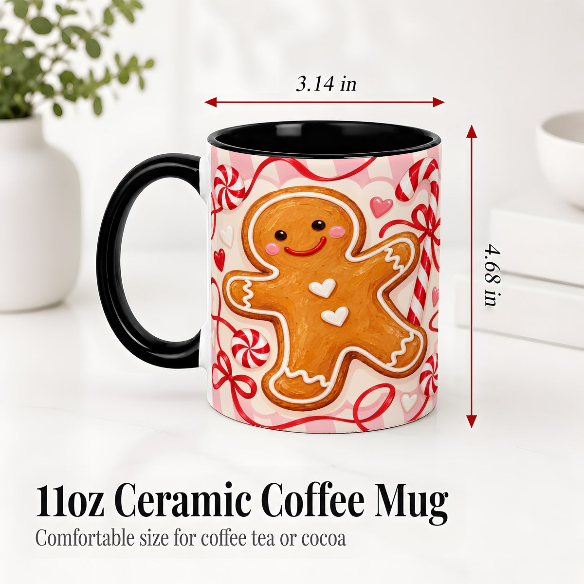 #pl[11oz|Black] Gingerbread Candy Cane Ceramic Mug with Peppermint Christmas Artwork