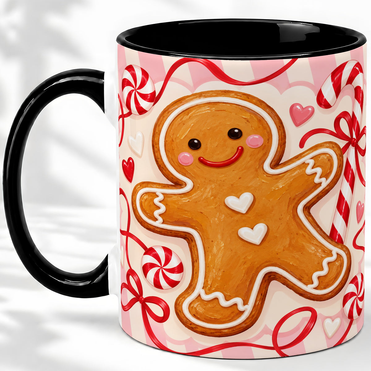 #pl[11oz|Black] Gingerbread Candy Cane Ceramic Mug with Peppermint Christmas Artwork