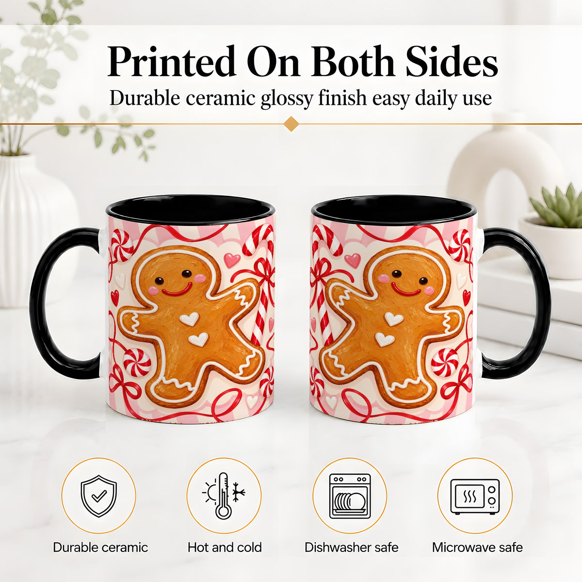 #pl[11oz|Black] Gingerbread Candy Cane Ceramic Mug with Peppermint Christmas Artwork