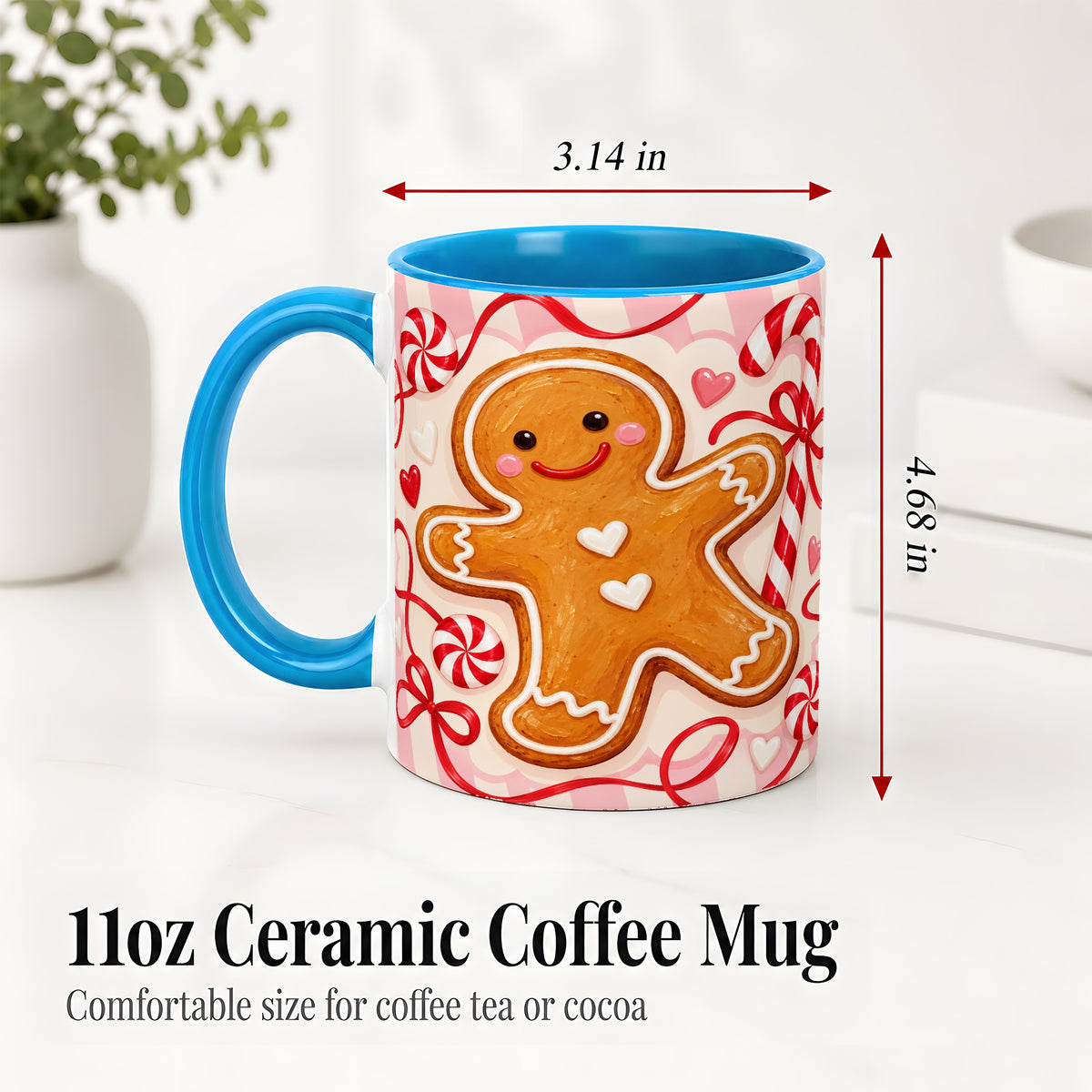 #pl[11oz|Blue] Gingerbread Candy Cane Ceramic Mug with Peppermint Christmas Artwork