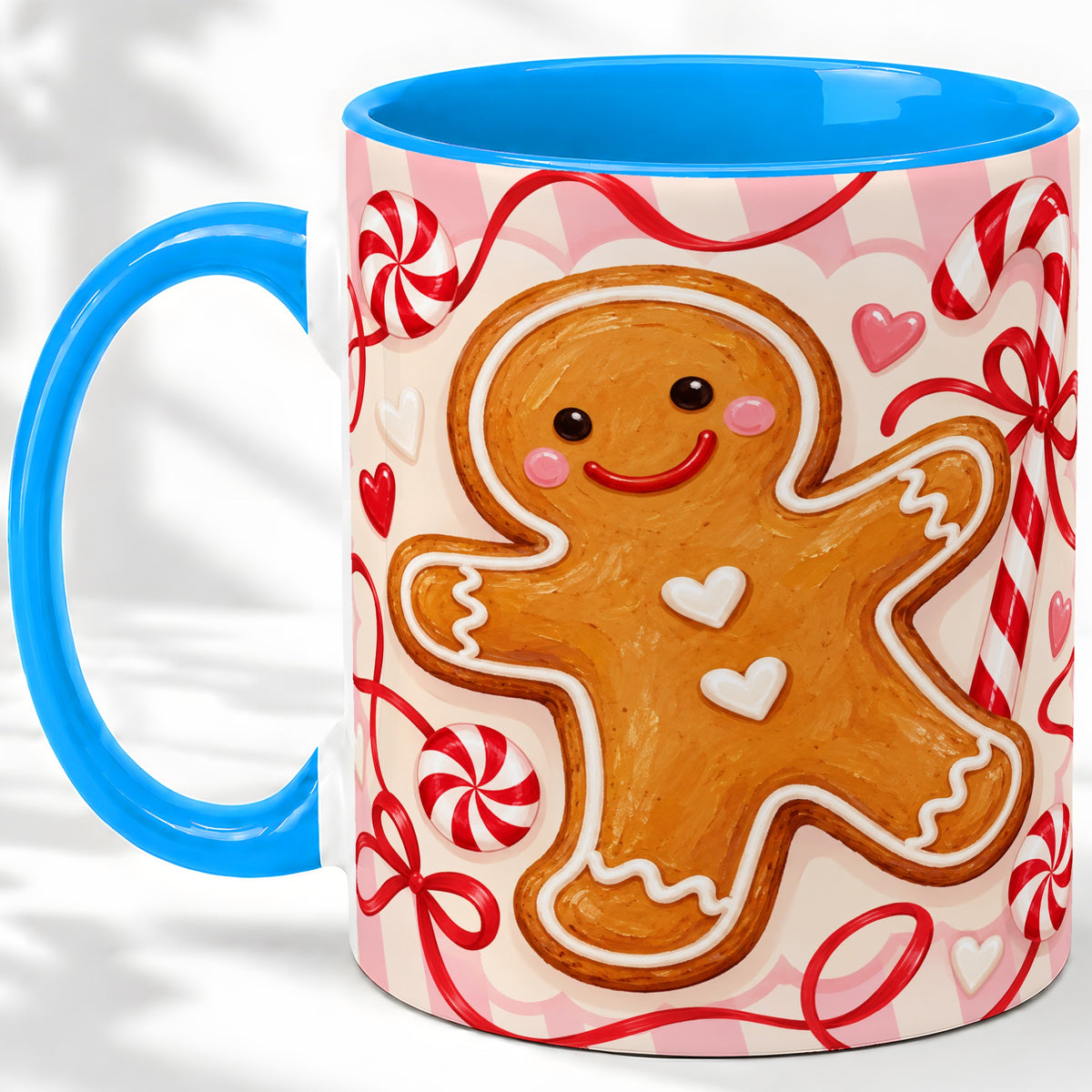 #pl[11oz|Blue] Gingerbread Candy Cane Ceramic Mug with Peppermint Christmas Artwork