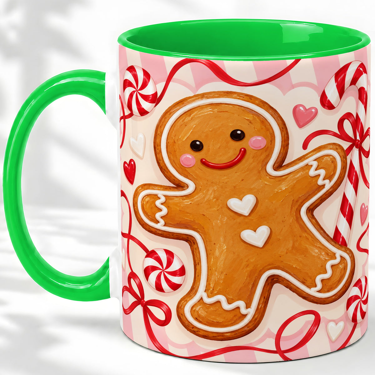 #pl[11oz|Green] Gingerbread Candy Cane Ceramic Mug with Peppermint Christmas Artwork