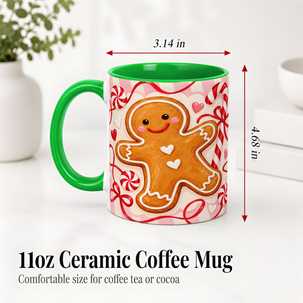 #pl[11oz|Green] Gingerbread Candy Cane Ceramic Mug with Peppermint Christmas Artwork
