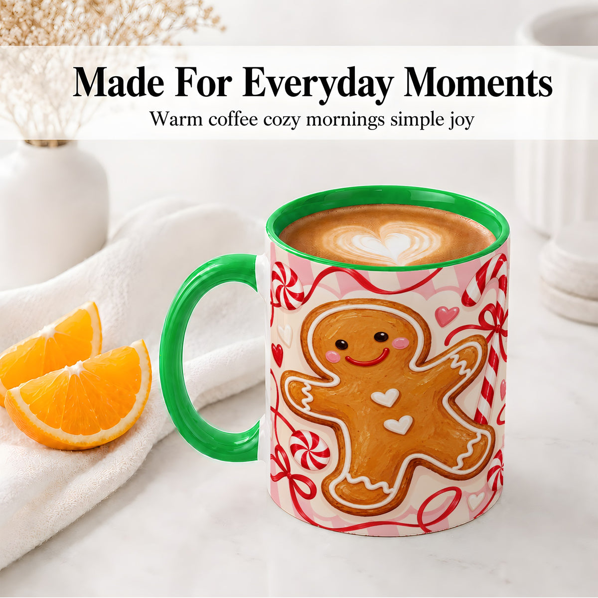 #pl[11oz|Green] Gingerbread Candy Cane Ceramic Mug with Peppermint Christmas Artwork