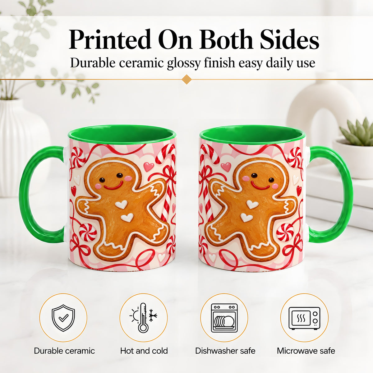 #pl[11oz|Green] Gingerbread Candy Cane Ceramic Mug with Peppermint Christmas Artwork