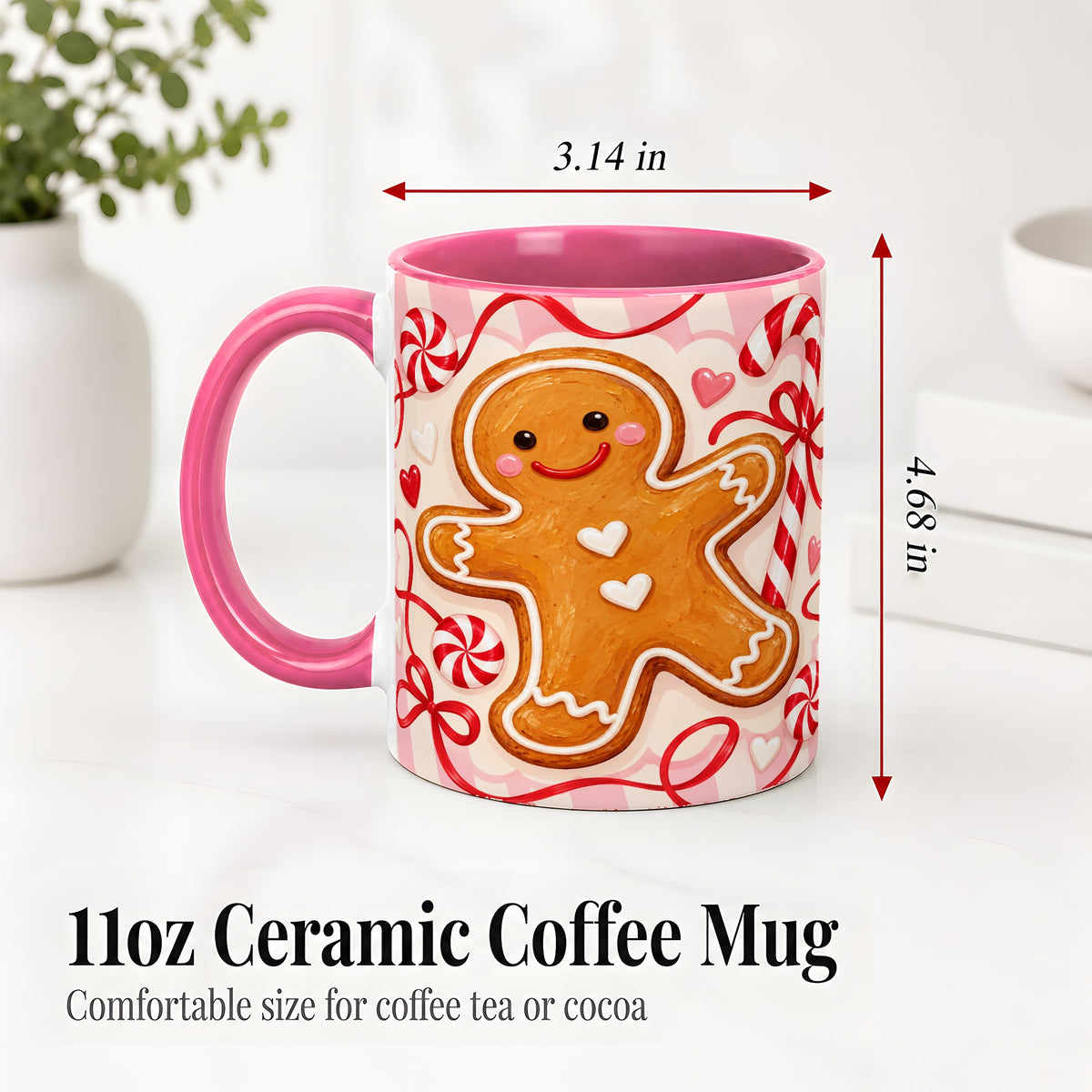 #pl[11oz|Pink] Gingerbread Candy Cane Ceramic Mug with Peppermint Christmas Artwork