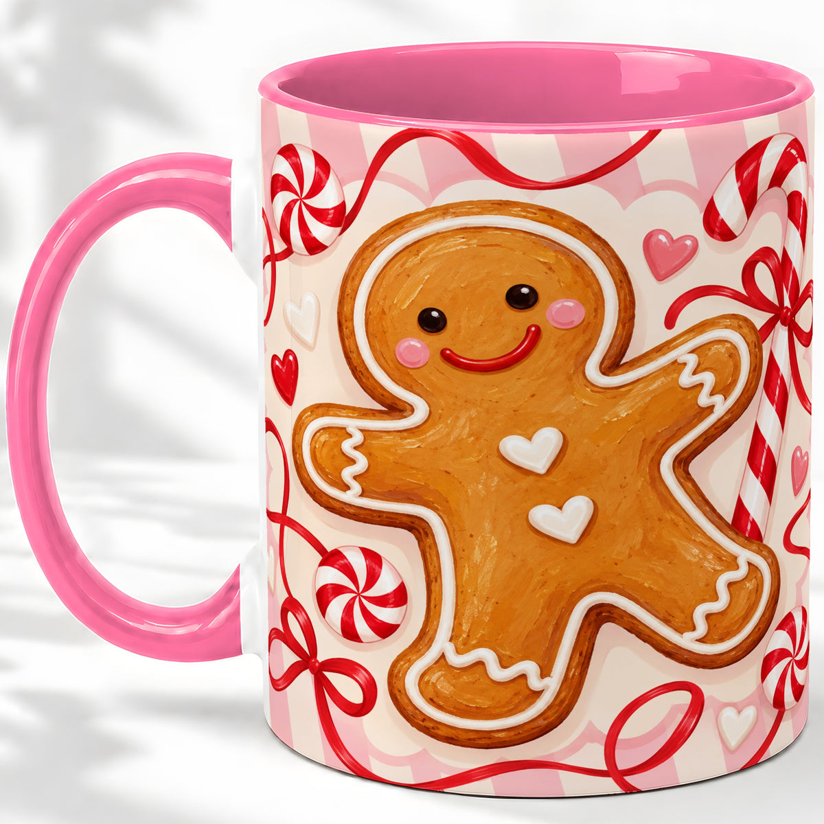 #pl[11oz|Pink] Gingerbread Candy Cane Ceramic Mug with Peppermint Christmas Artwork