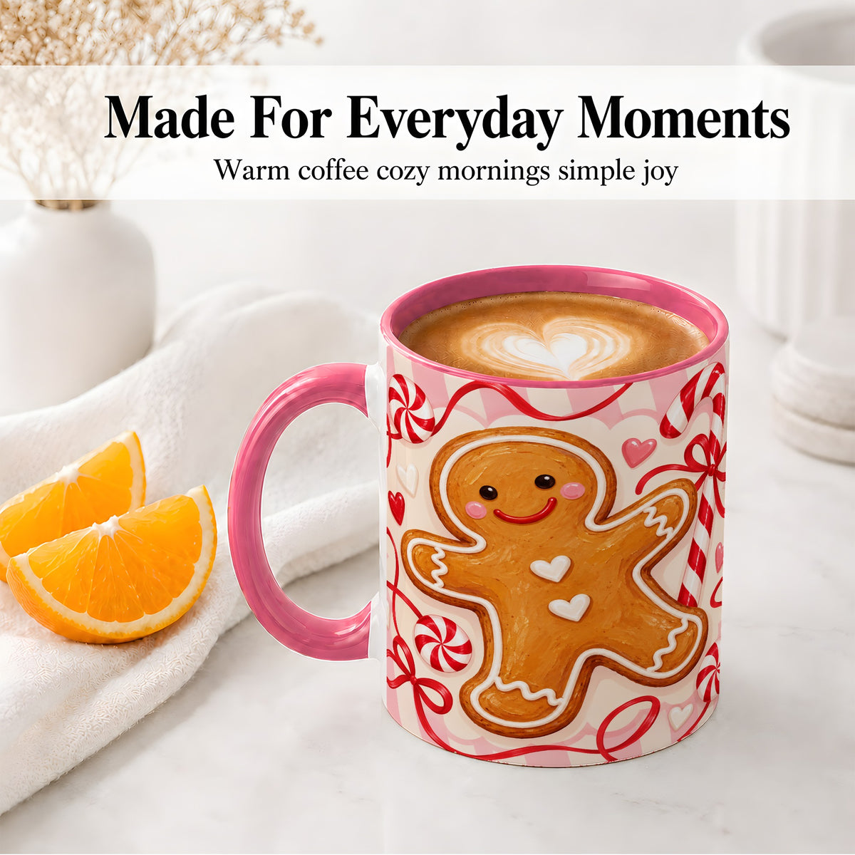 #pl[11oz|Pink] Gingerbread Candy Cane Ceramic Mug with Peppermint Christmas Artwork
